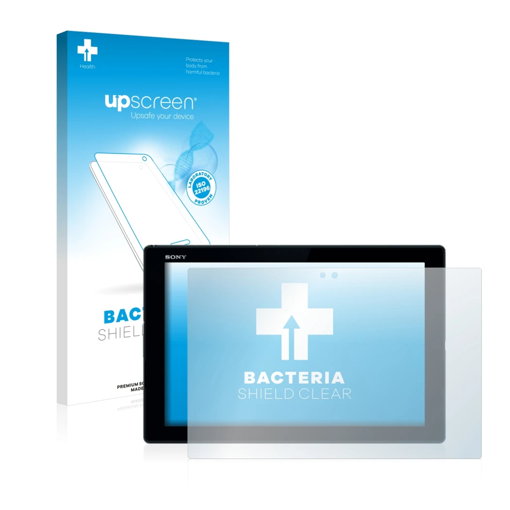 Parte frontal de un envase de producto con el logotipo de la marca upscreen. Al lado se muestra el dispositivo Sony Xperia Z4