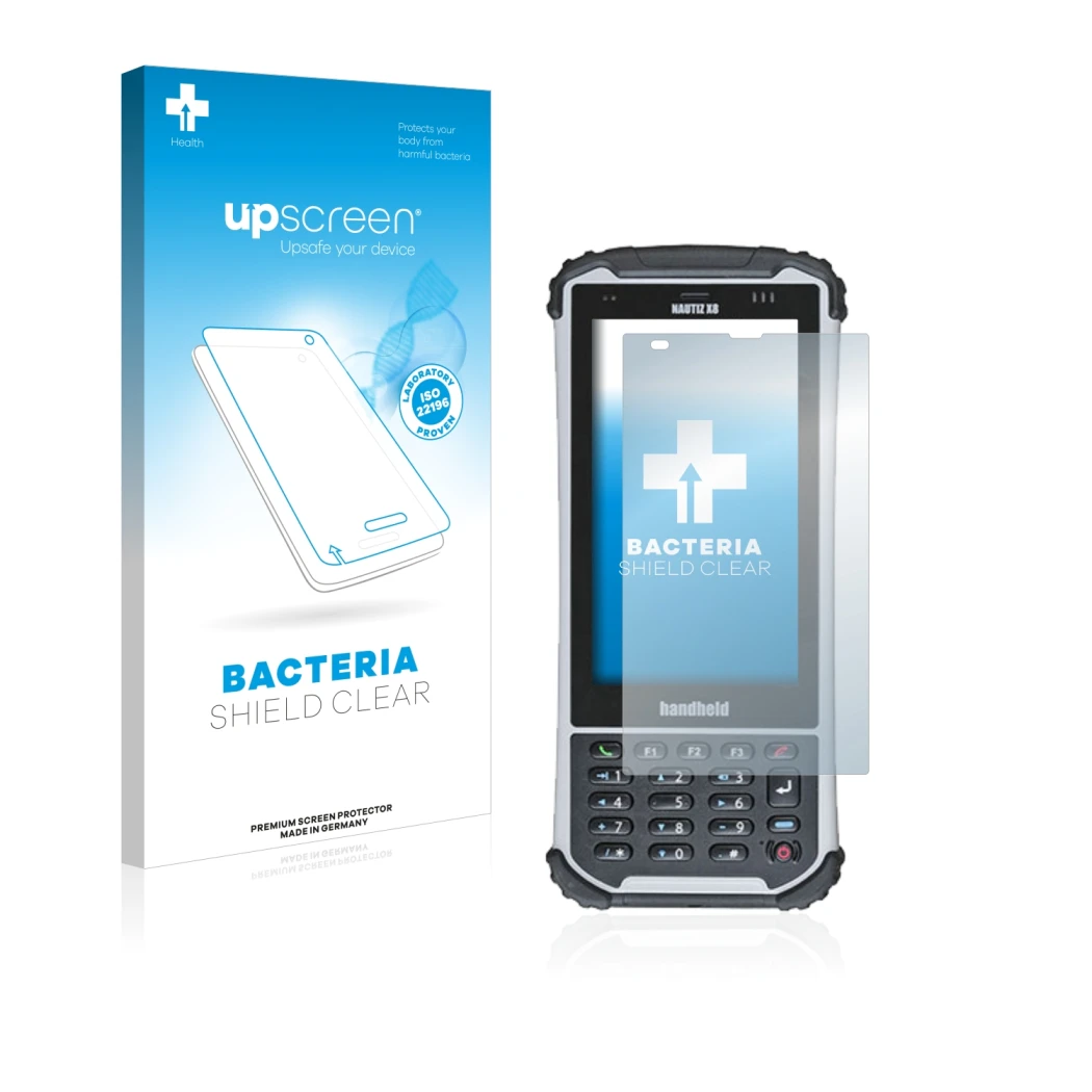 Parte frontal de un envase de producto con el logotipo de la marca upscreen. Al lado se muestra el dispositivo Handheld Nautiz