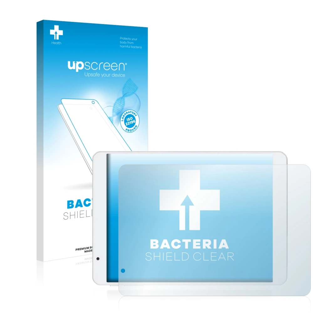 Parte frontal de un envase de producto con el logotipo de la marca upscreen. Al lado se muestra el dispositivo Teclast X89HD c