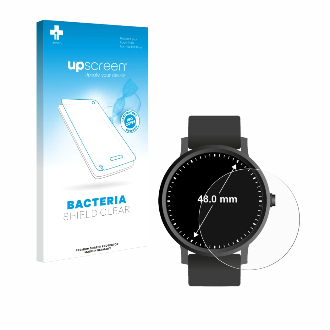 Parte frontal de un envase de producto con el logotipo de la marca upscreen. Al lado se muestra el dispositivo Relojes (Circul