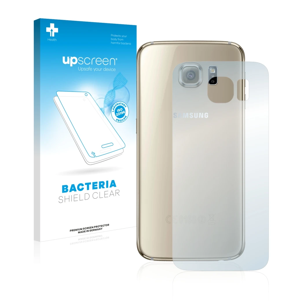 Parte frontal de un envase de producto con el logotipo de la marca upscreen. Al lado se muestra el dispositivo Samsung SM-G920