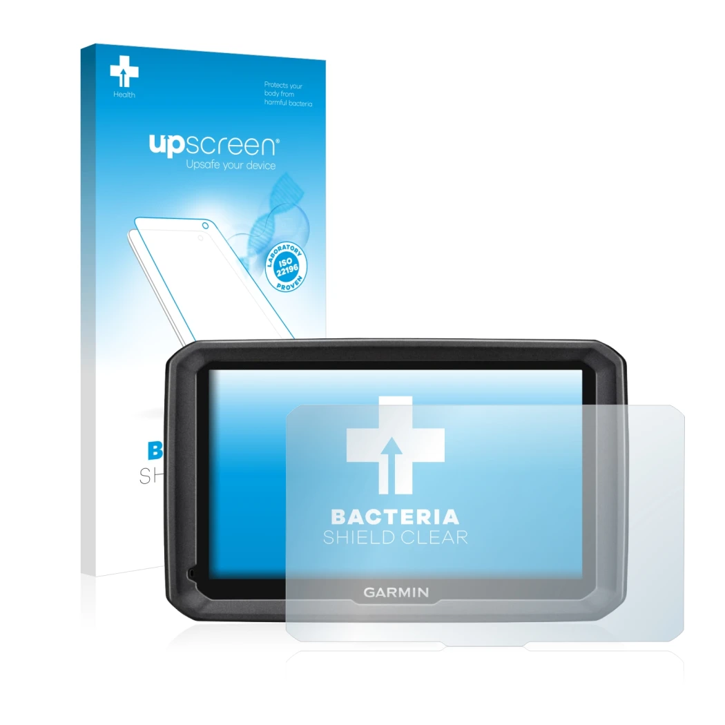 Parte frontal de un envase de producto con el logotipo de la marca upscreen. Al lado se muestra el dispositivo Garmin dezl 770