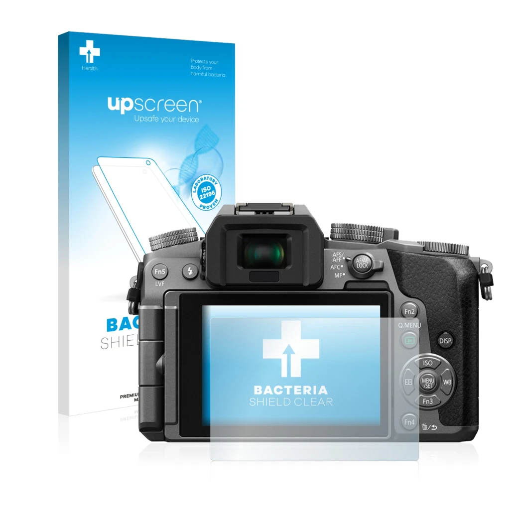 Parte frontal de un envase de producto con el logotipo de la marca upscreen. Al lado se muestra el dispositivo Panasonic Lumix