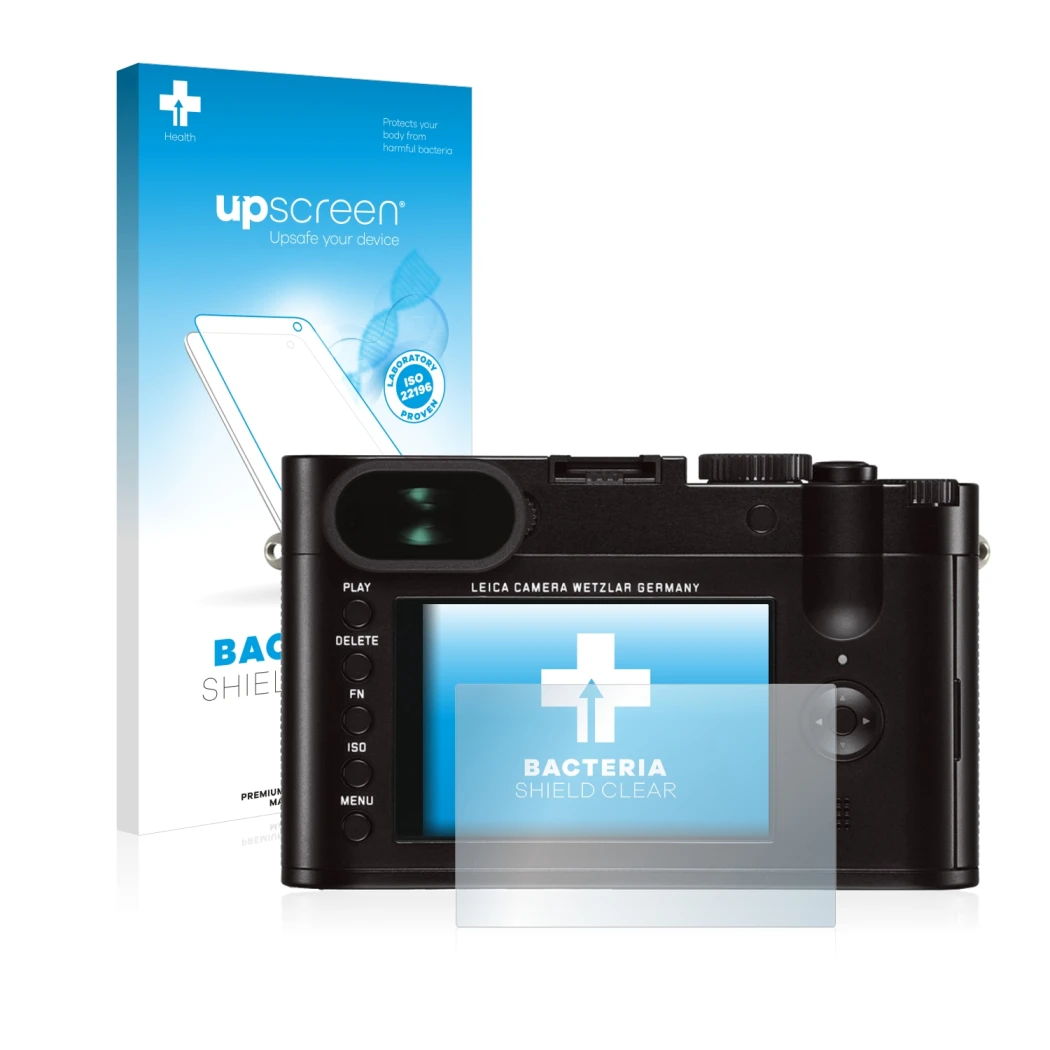 Parte frontal de un envase de producto con el logotipo de la marca upscreen. Al lado se muestra el dispositivo Leica Q (Typ 11