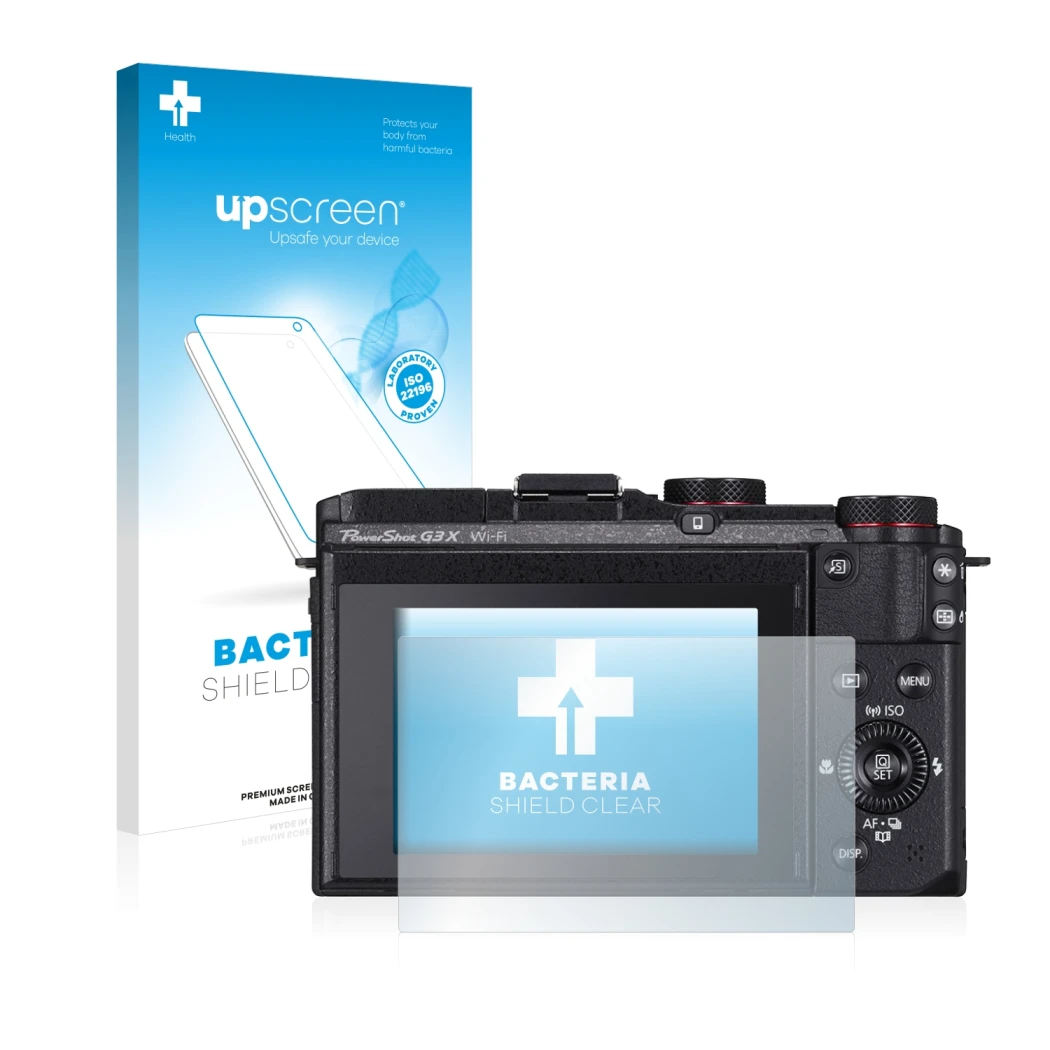 Parte frontal de un envase de producto con el logotipo de la marca upscreen. Al lado se muestra el dispositivo Canon PowerShot