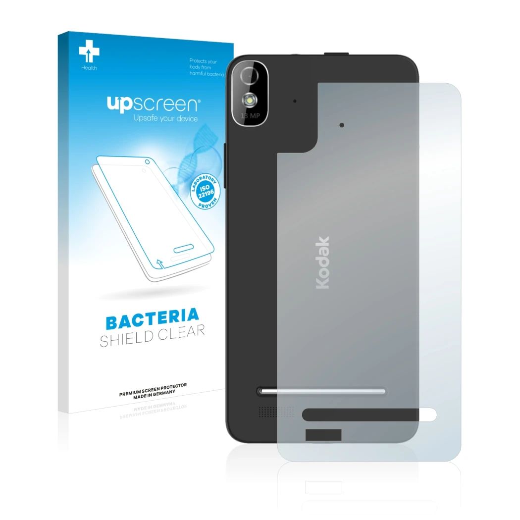 Parte frontal de un envase de producto con el logotipo de la marca upscreen. Al lado se muestra el dispositivo Kodak IM5 Trase