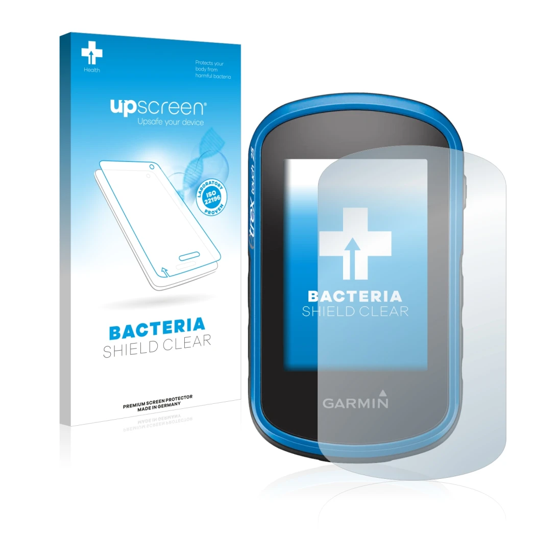 Parte frontal de un envase de producto con el logotipo de la marca upscreen. Al lado se muestra el dispositivo Garmin eTrex To