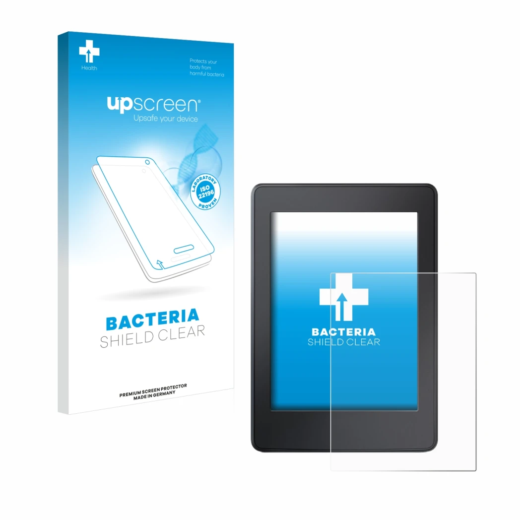 Parte frontal de un envase de producto con el logotipo de la marca upscreen. Al lado se muestra el dispositivo Amazon Kindle P