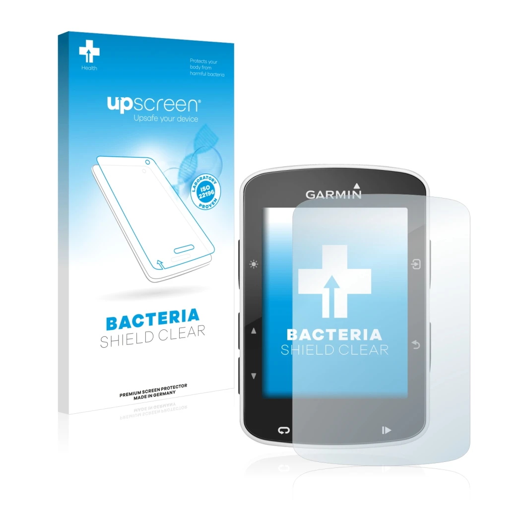 Parte frontal de un envase de producto con el logotipo de la marca upscreen. Al lado se muestra el dispositivo Garmin Edge 520