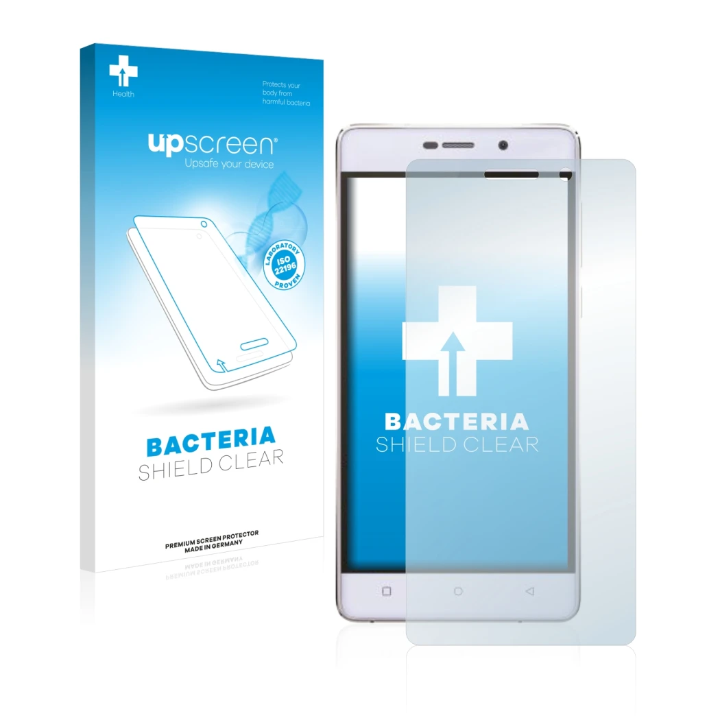 Parte frontal de un envase de producto con el logotipo de la marca upscreen. Al lado se muestra el dispositivo Gionee Marathon
