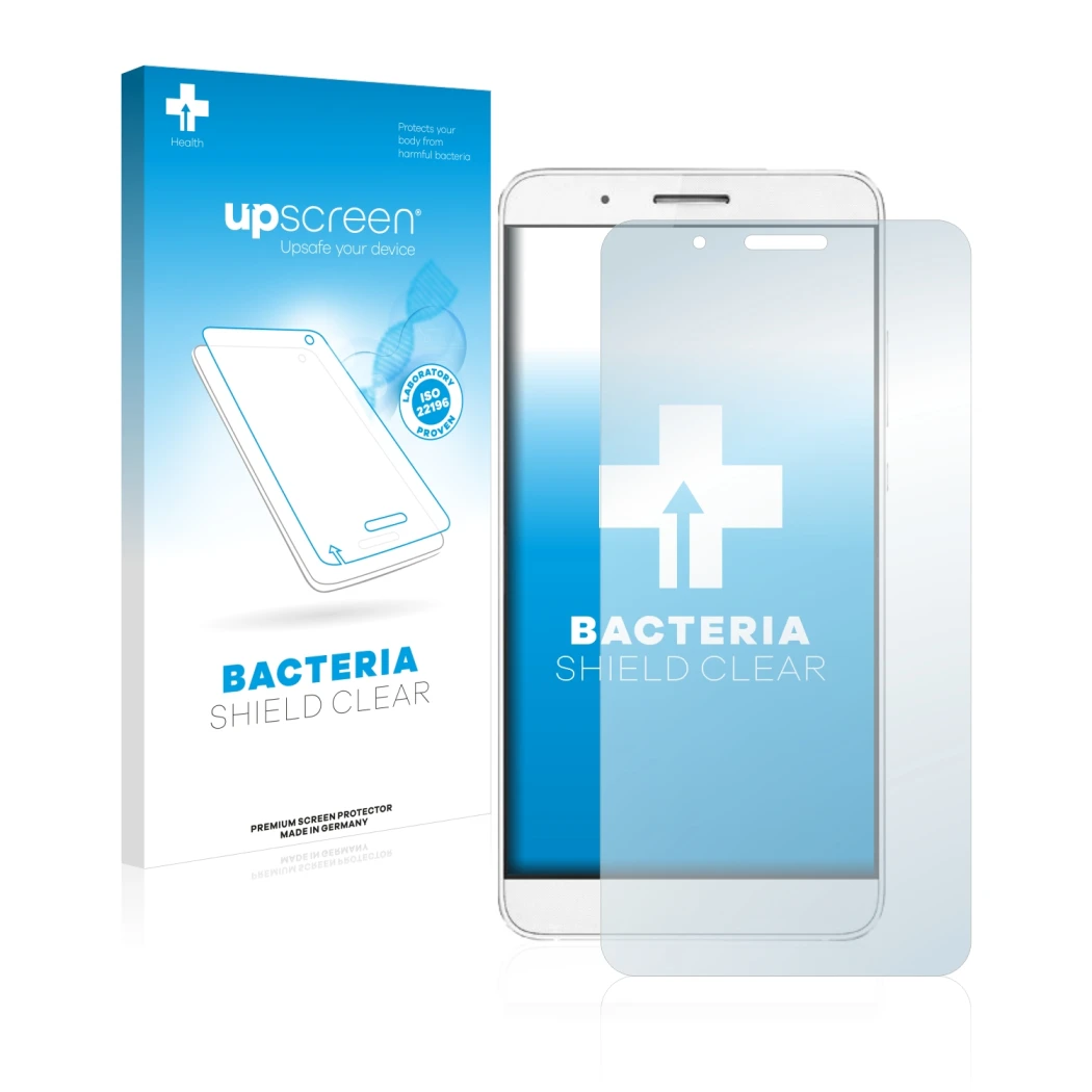 Parte frontal de un envase de producto con el logotipo de la marca upscreen. Al lado se muestra el dispositivo Honor 7i con su