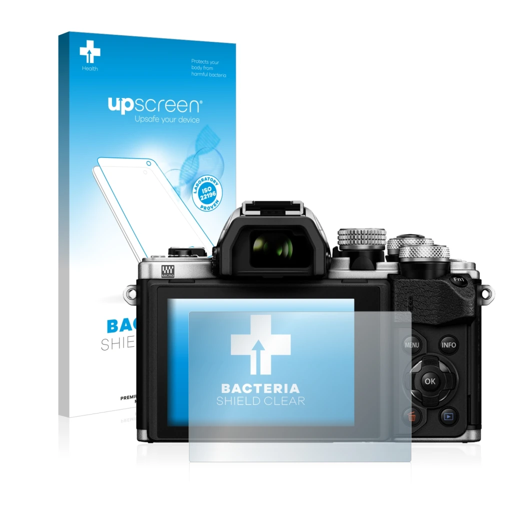 Parte frontal de un envase de producto con el logotipo de la marca upscreen. Al lado se muestra el dispositivo Olympus OM-D E-