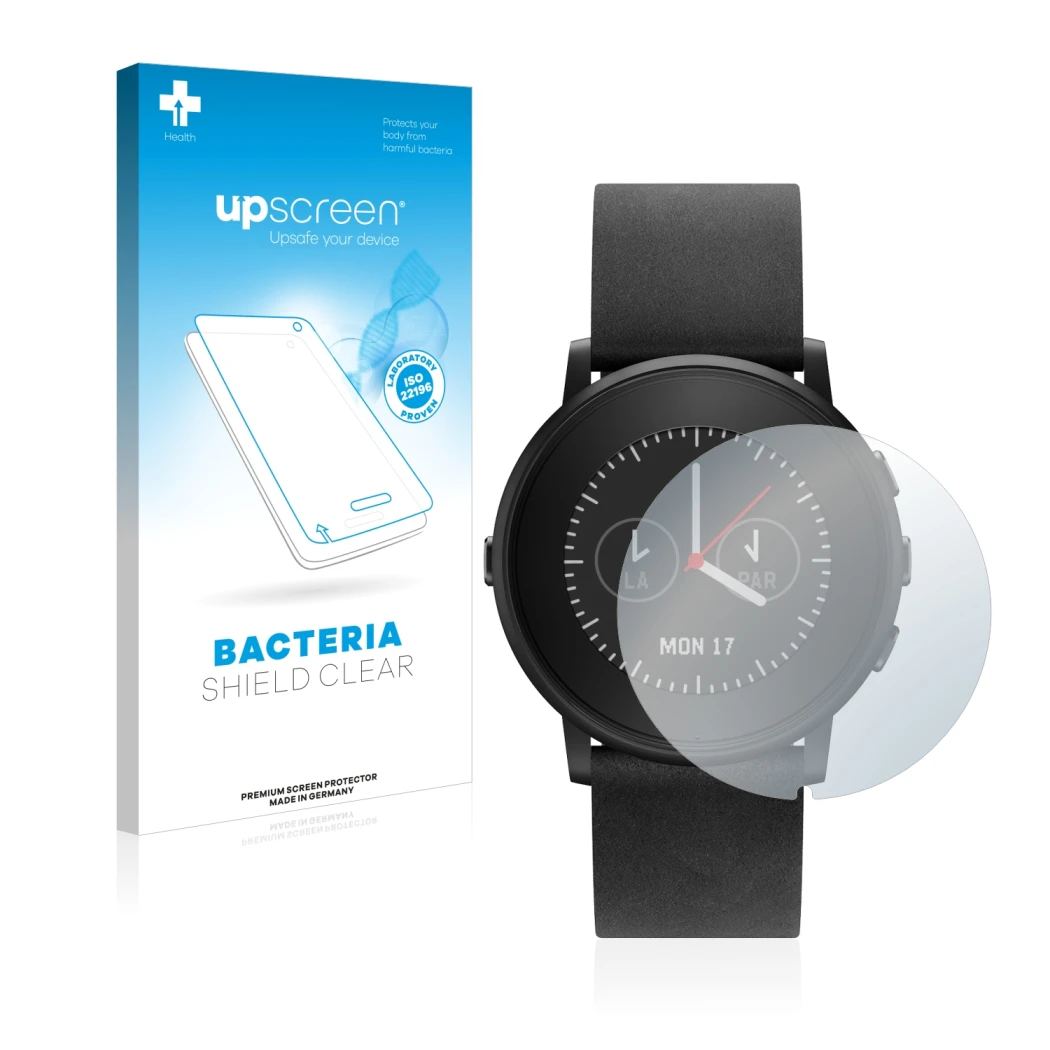 Parte frontal de un envase de producto con el logotipo de la marca upscreen. Al lado se muestra el dispositivo Pebble Time Rou