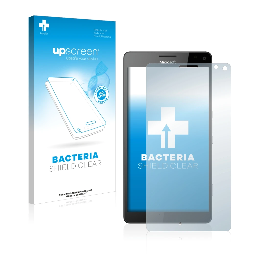 Parte frontal de un envase de producto con el logotipo de la marca upscreen. Al lado se muestra el dispositivo Microsoft Lumia