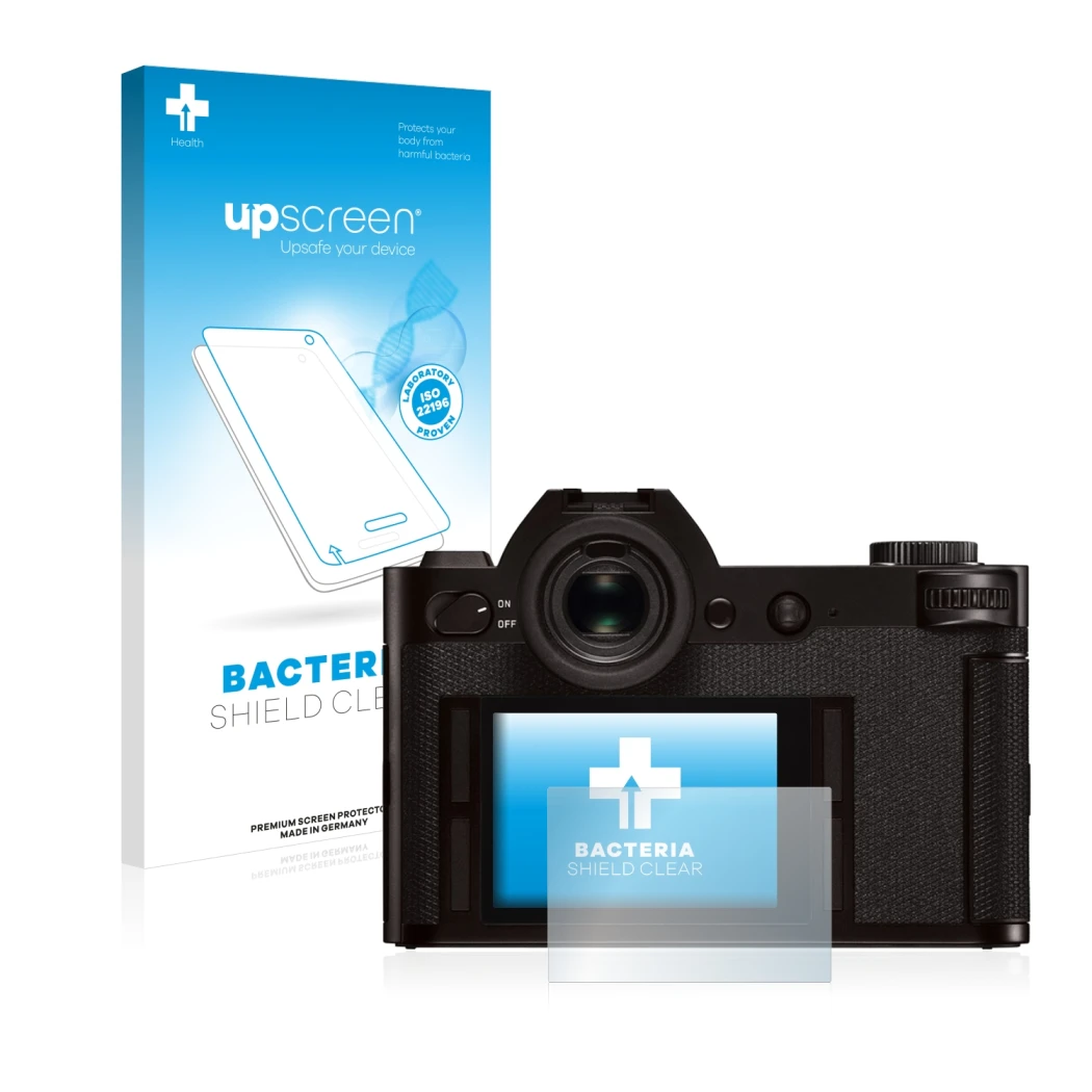 Parte frontal de un envase de producto con el logotipo de la marca upscreen. Al lado se muestra el dispositivo Leica SL (Typ 6