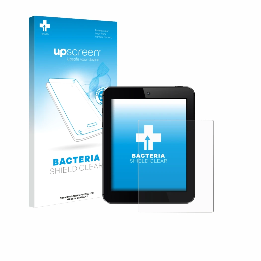 Parte frontal de un envase de producto con el logotipo de la marca upscreen. Al lado se muestra el dispositivo con su protecto