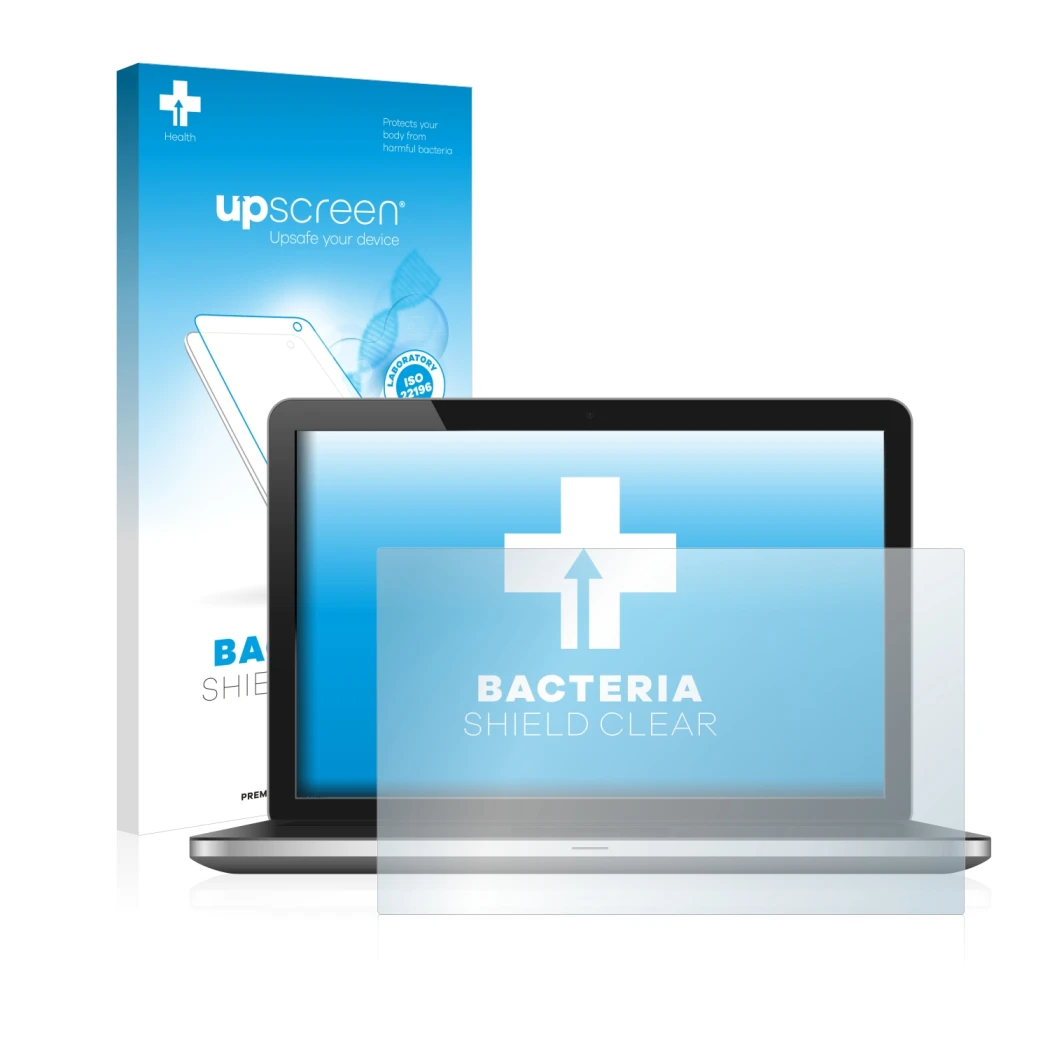 Parte frontal de un envase de producto con el logotipo de la marca upscreen. Al lado se muestra el dispositivo con su protecto