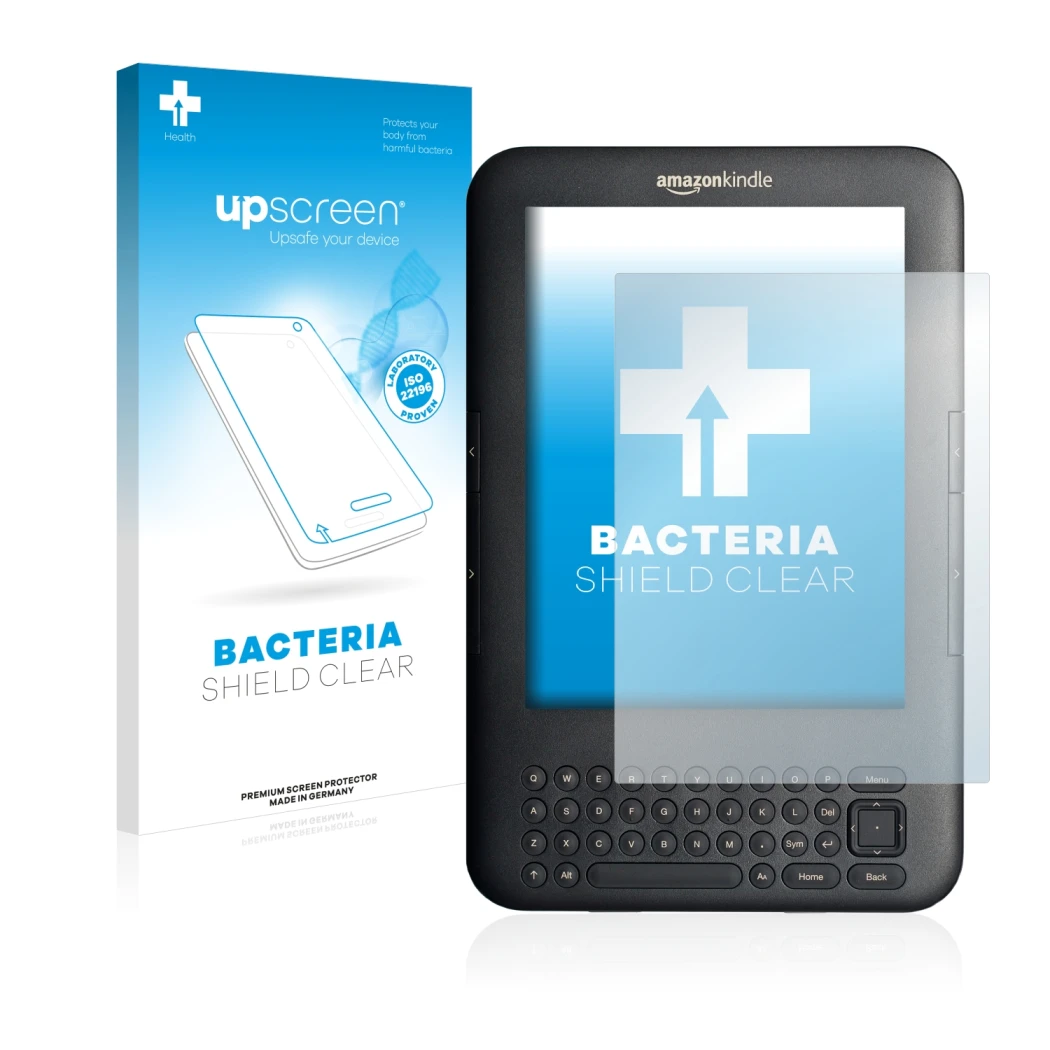 Parte frontal de un envase de producto con el logotipo de la marca upscreen. Al lado se muestra el dispositivo Amazon Kindle 3