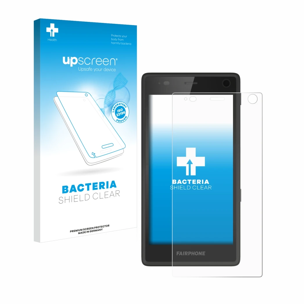 Parte frontal de un envase de producto con el logotipo de la marca upscreen. Al lado se muestra el dispositivo Fairphone 2 con