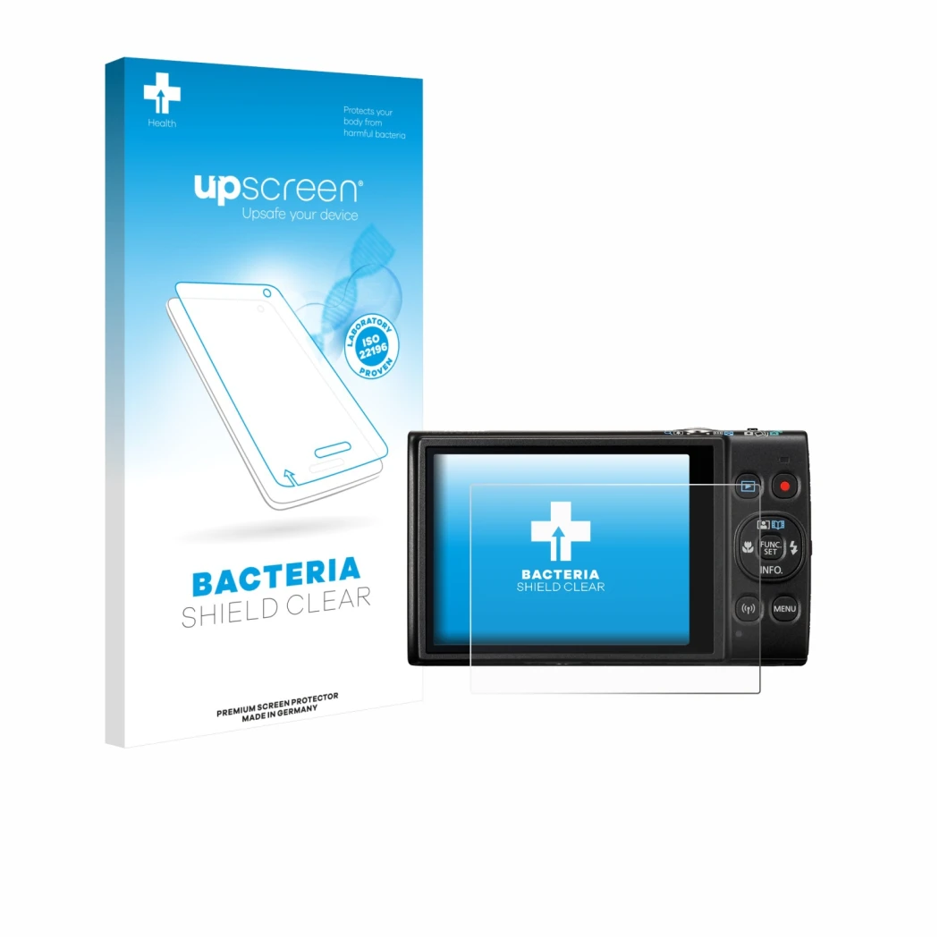 Parte frontal de un envase de producto con el logotipo de la marca upscreen. Al lado se muestra el dispositivo Canon Digital I