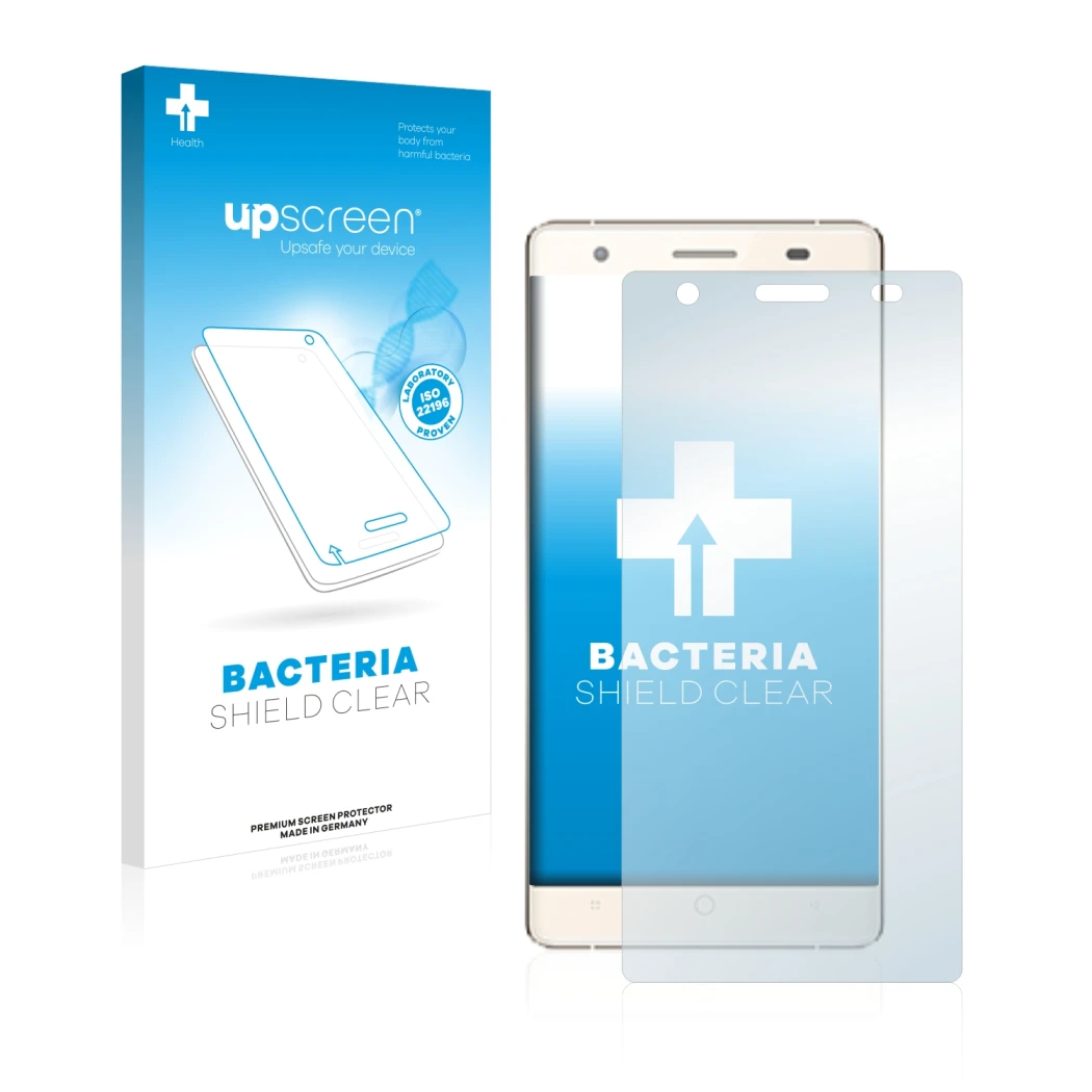 Parte frontal de un envase de producto con el logotipo de la marca upscreen. Al lado se muestra el dispositivo Milai M6 con su