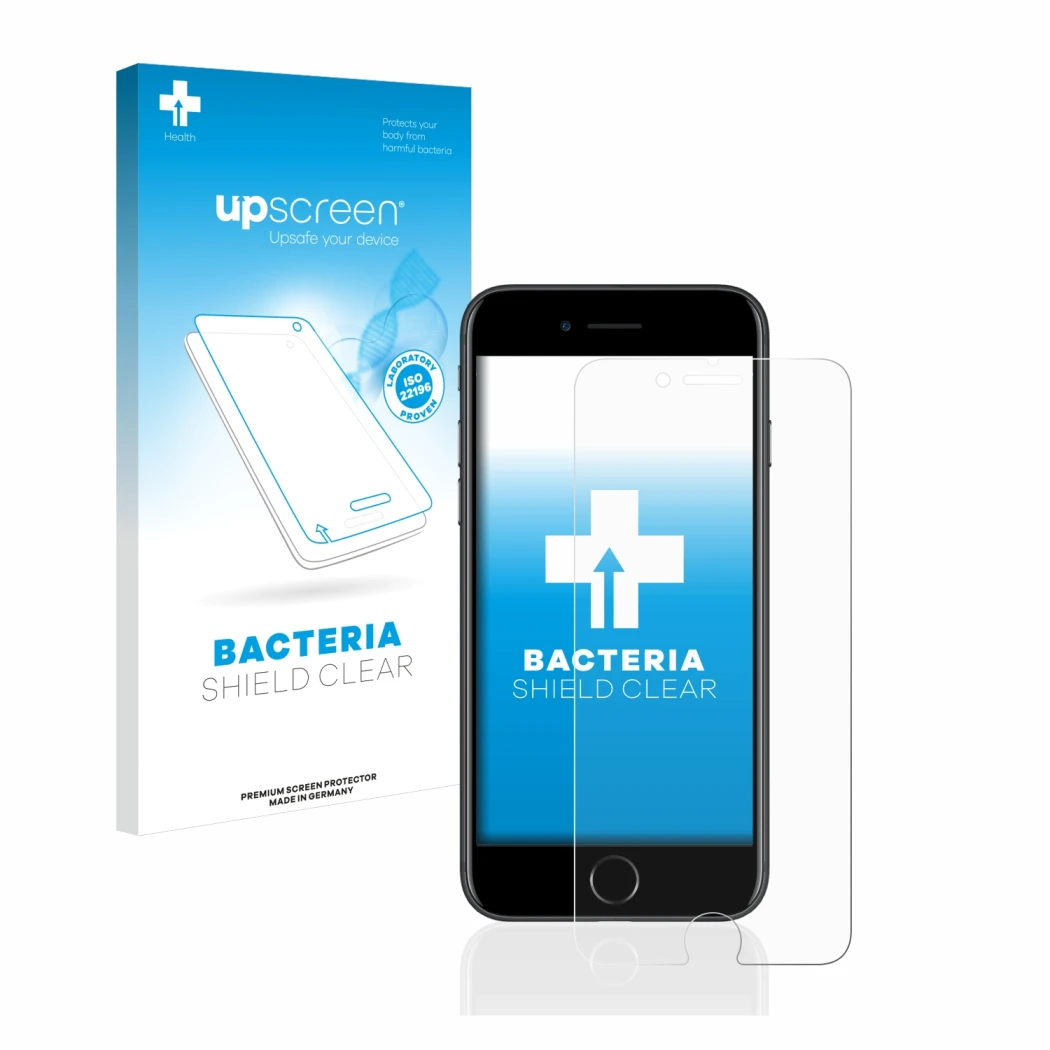 Parte frontal de un envase de producto con el logotipo de la marca upscreen. Al lado se muestra el dispositivo Apple iPhone 7 