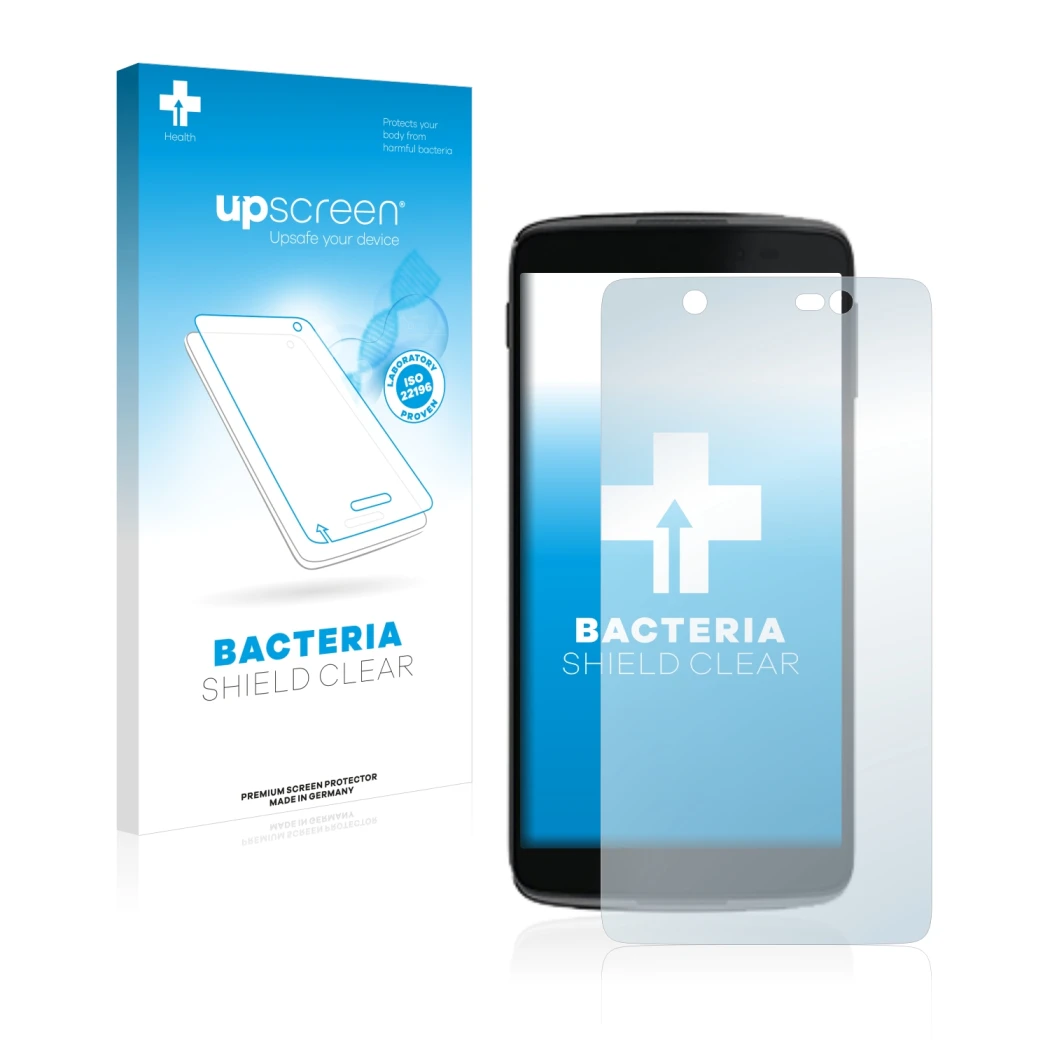Parte frontal de un envase de producto con el logotipo de la marca upscreen. Al lado se muestra el dispositivo Alcatel One Tou