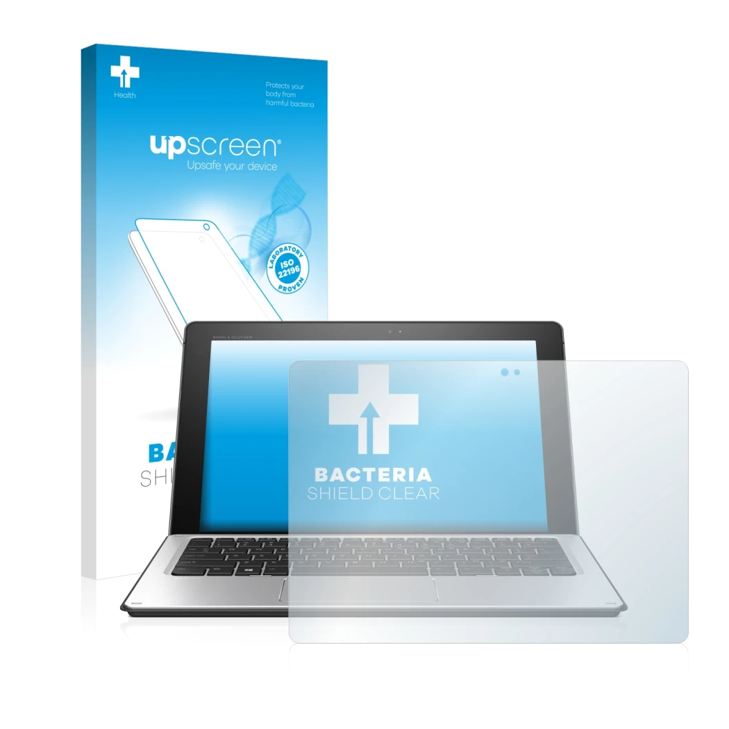 Parte frontal de un envase de producto con el logotipo de la marca upscreen. Al lado se muestra el dispositivo HP Elite x2 101
