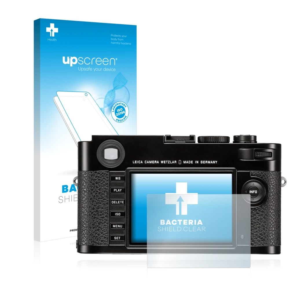 Parte frontal de un envase de producto con el logotipo de la marca upscreen. Al lado se muestra el dispositivo Leica M (Typ 26