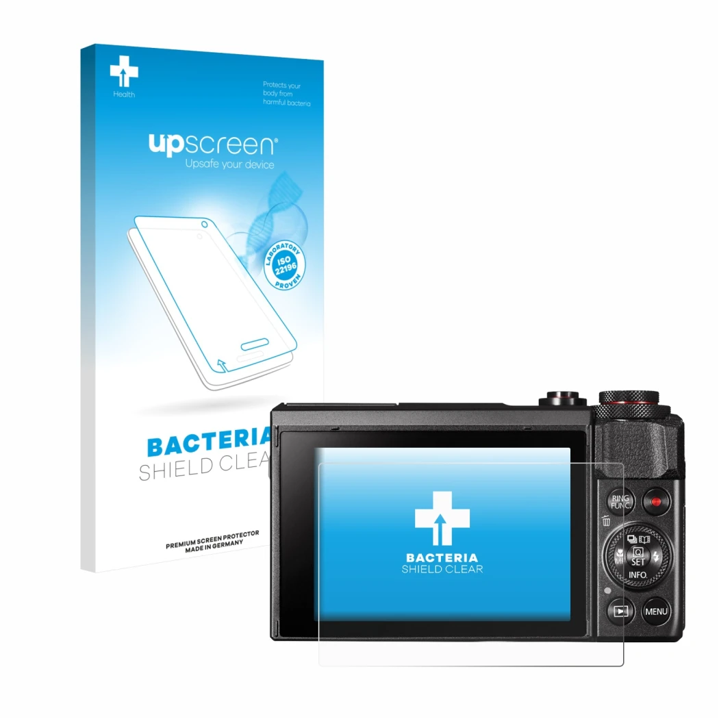 Parte frontal de un envase de producto con el logotipo de la marca upscreen. Al lado se muestra el dispositivo Canon PowerShot