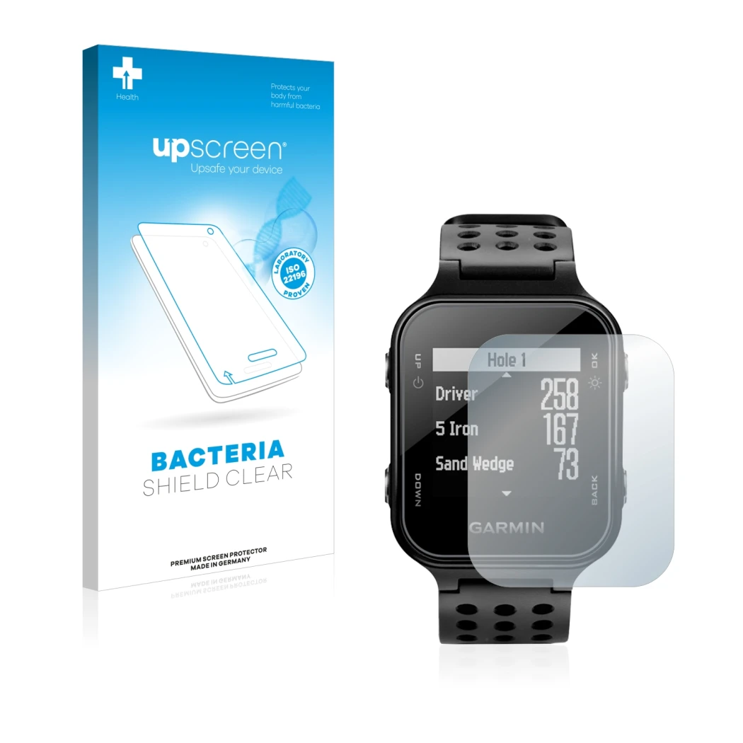 Parte frontal de un envase de producto con el logotipo de la marca upscreen. Al lado se muestra el dispositivo Garmin Approach