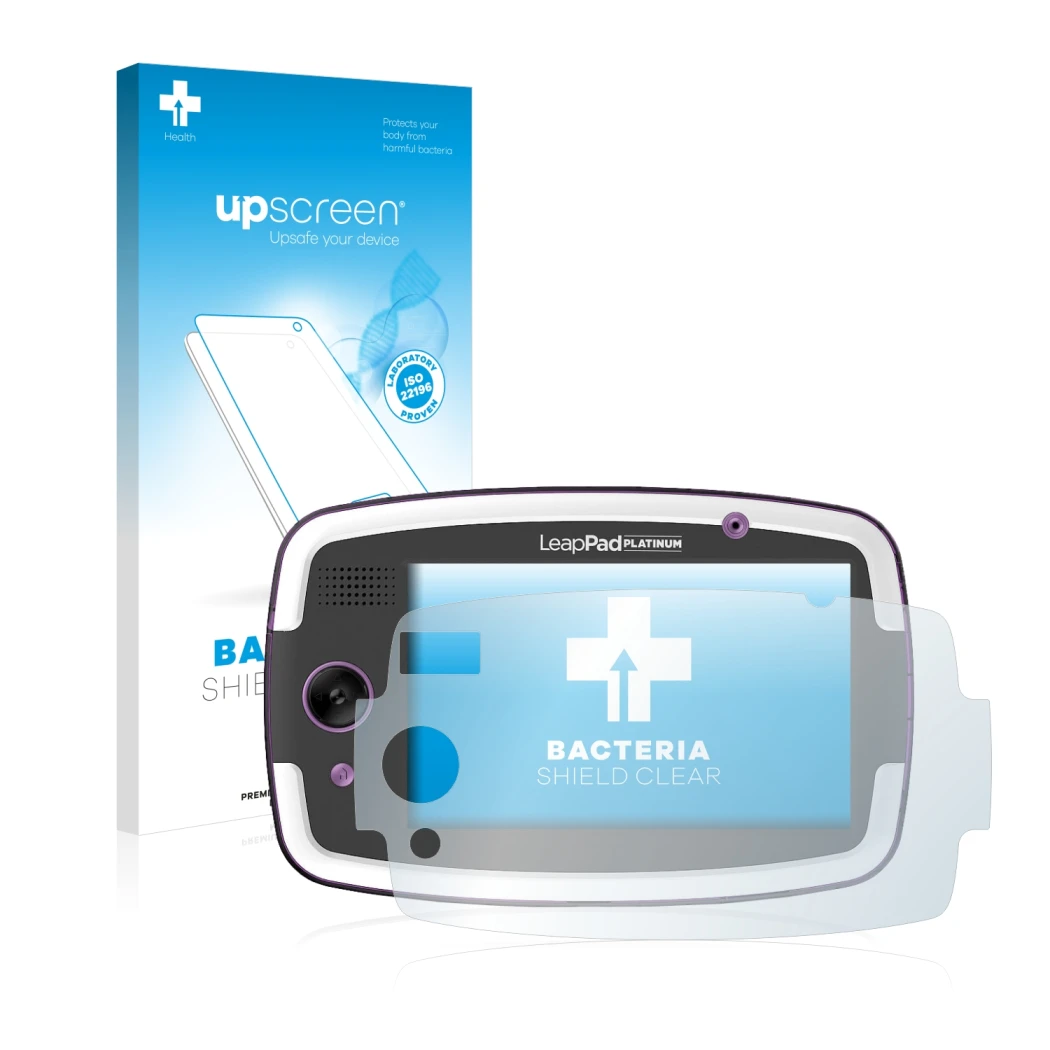 Parte frontal de un envase de producto con el logotipo de la marca upscreen. Al lado se muestra el dispositivo Kiano SlimTab 8
