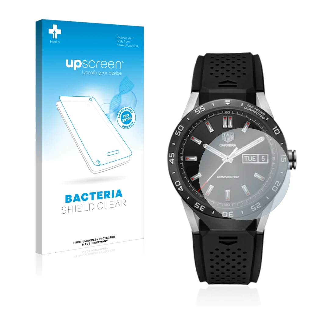 Parte frontal de un envase de producto con el logotipo de la marca upscreen. Al lado se muestra el dispositivo TAG Heuer Conne