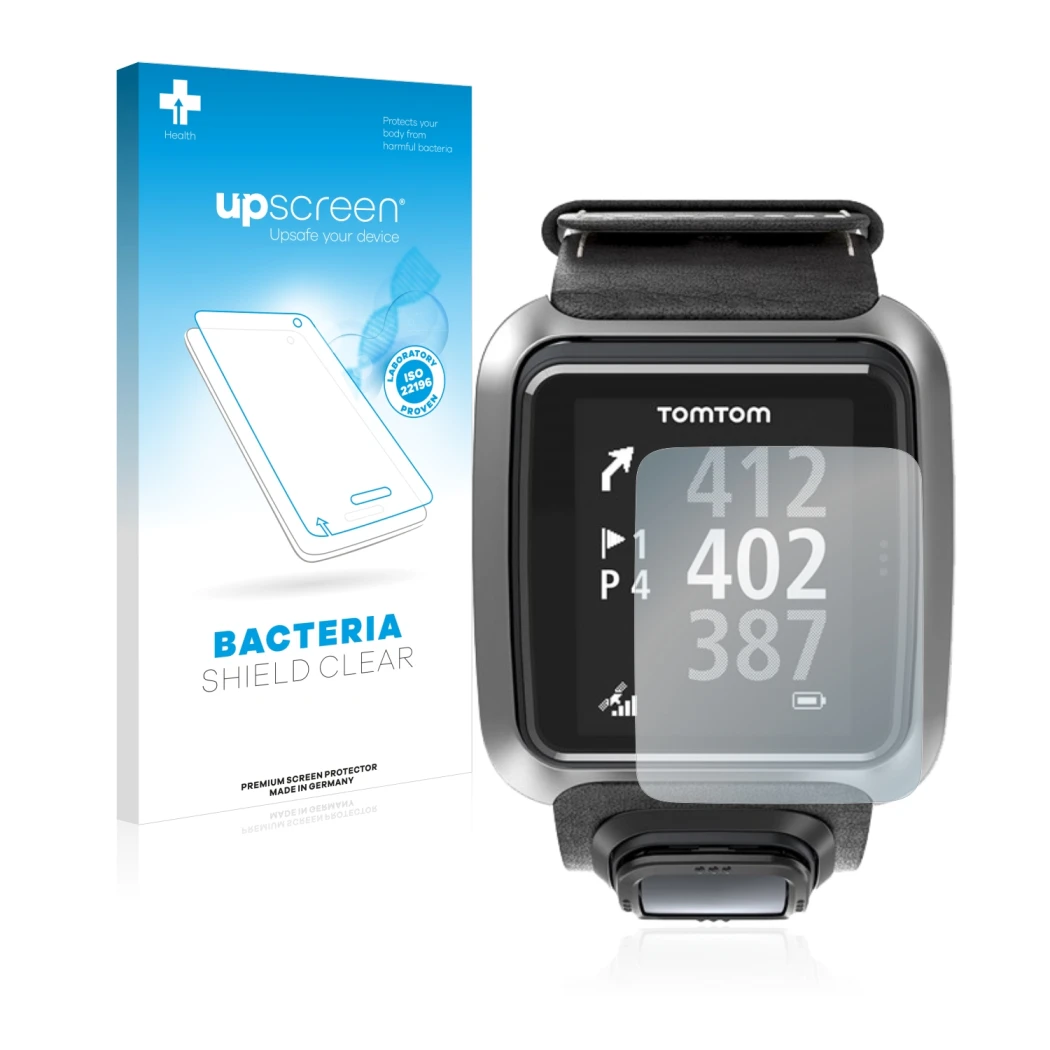 Parte frontal de un envase de producto con el logotipo de la marca upscreen. Al lado se muestra el dispositivo TomTom Golfer 2