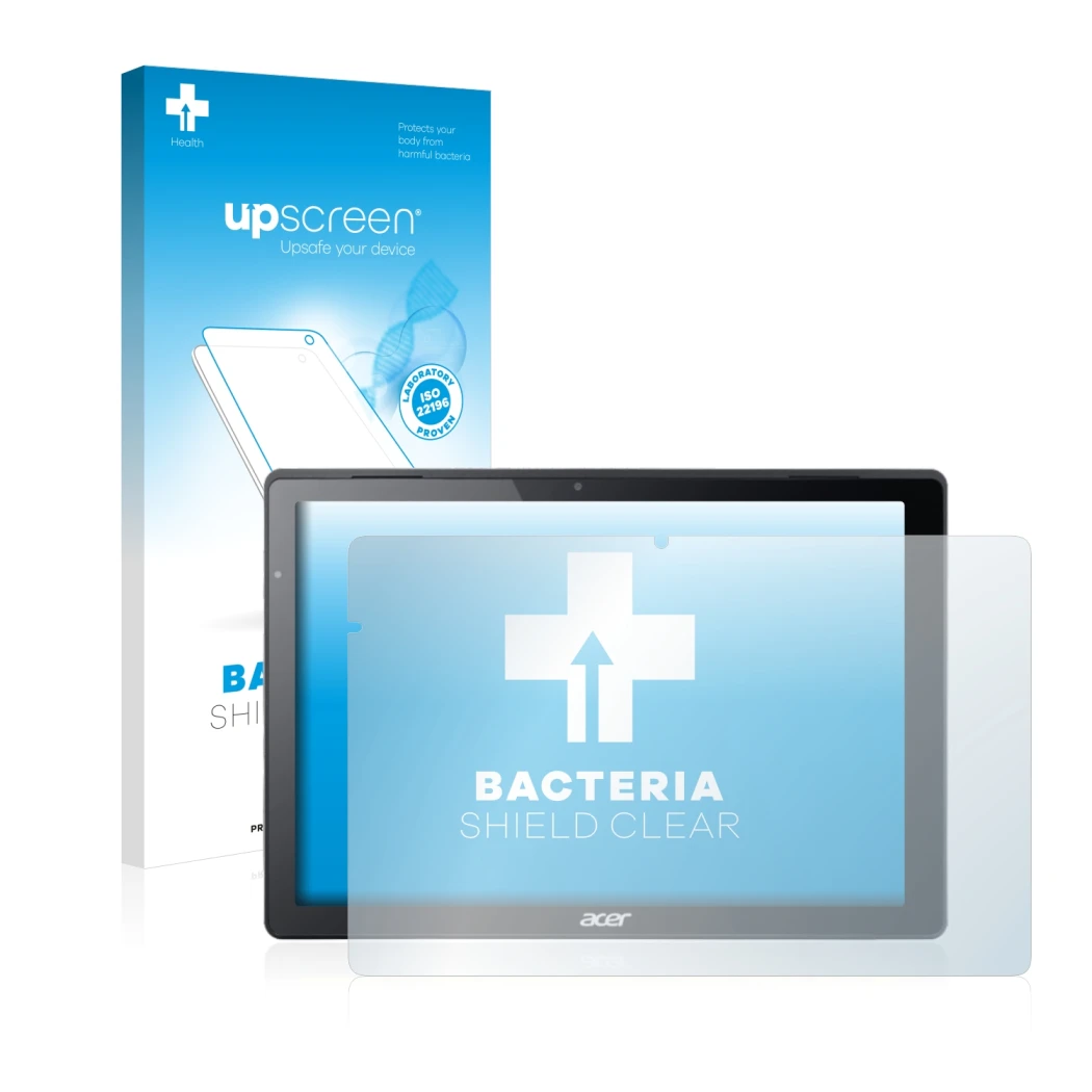 Parte frontal de un envase de producto con el logotipo de la marca upscreen. Al lado se muestra el dispositivo Acer Switch Alp
