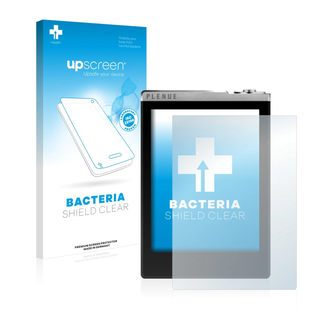 Parte frontal de un envase de producto con el logotipo de la marca upscreen. Al lado se muestra el dispositivo Cowon Plenue D