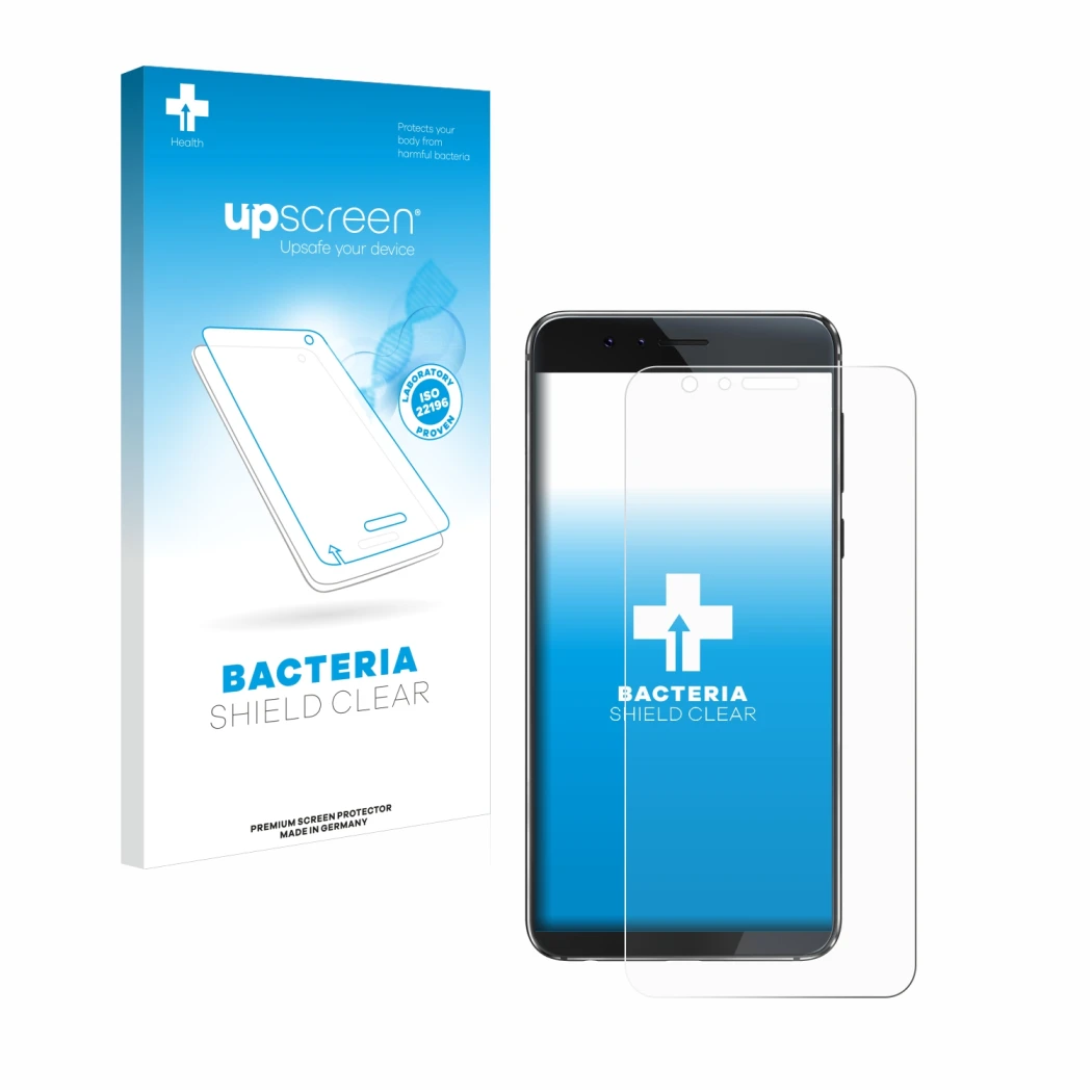 Parte frontal de un envase de producto con el logotipo de la marca upscreen. Al lado se muestra el dispositivo Honor 8 con su