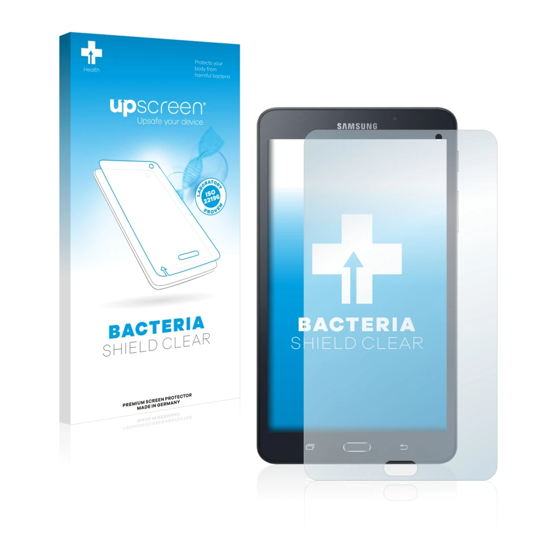Parte frontal de un envase de producto con el logotipo de la marca upscreen. Al lado se muestra el dispositivo Samsung Galaxy