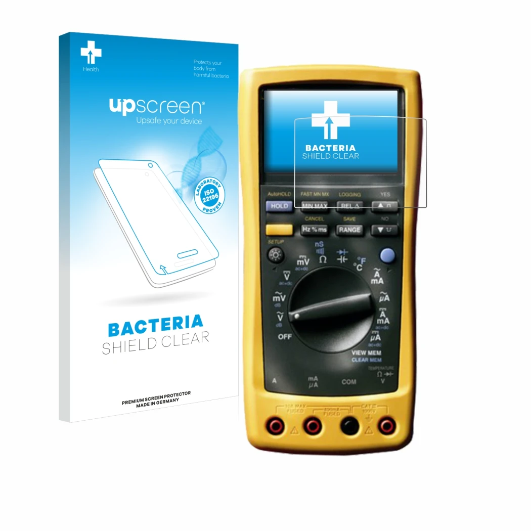 Parte frontal de un envase de producto con el logotipo de la marca upscreen. Al lado se muestra el dispositivo Fluke MultiMete