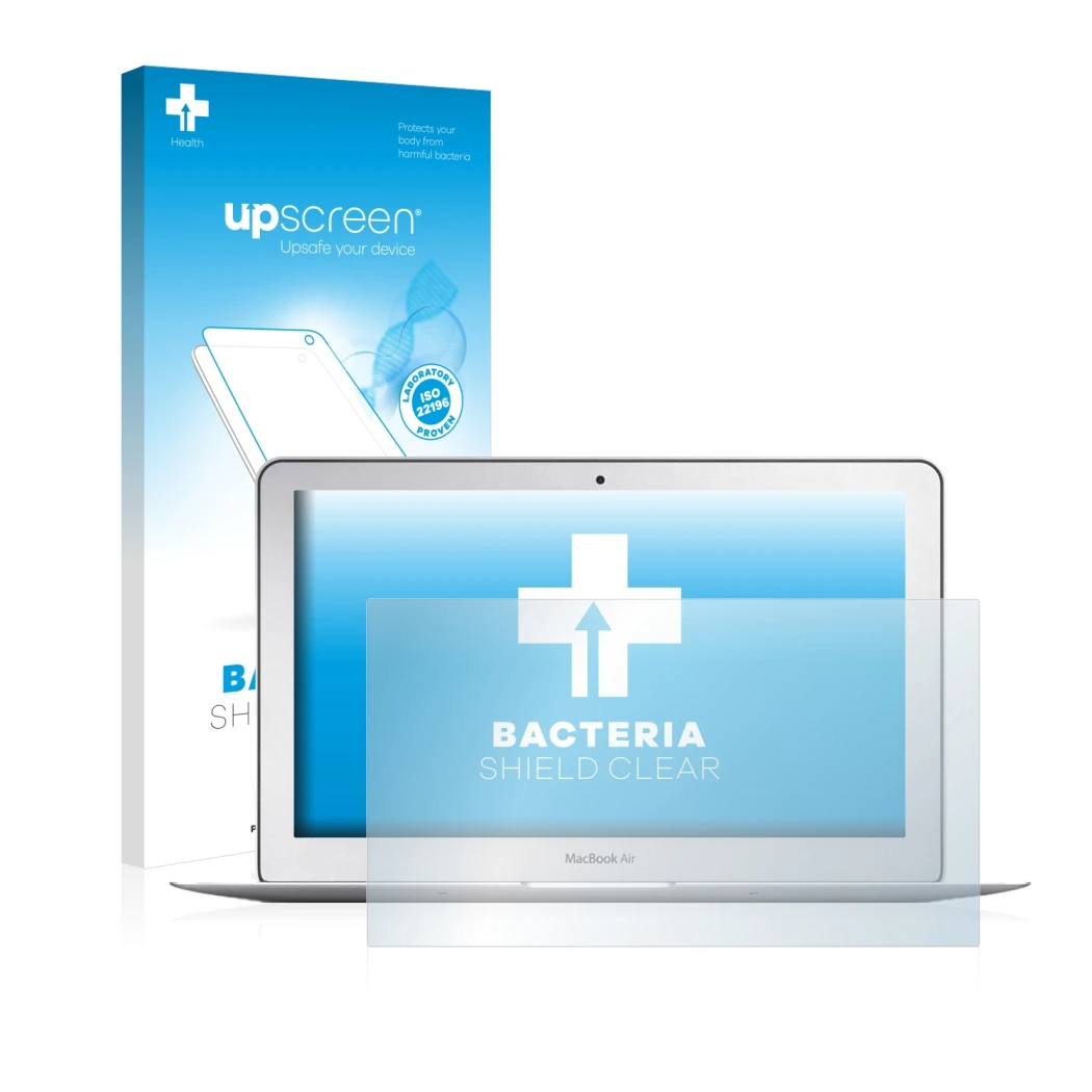 Parte frontal de un envase de producto con el logotipo de la marca upscreen. Al lado se muestra el dispositivo Apple MacBook A
