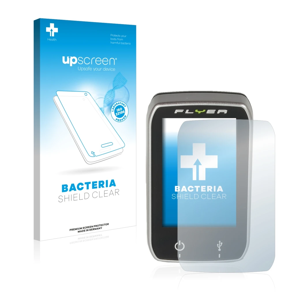 Parte frontal de un envase de producto con el logotipo de la marca upscreen. Al lado se muestra el dispositivo Panasonic Cente