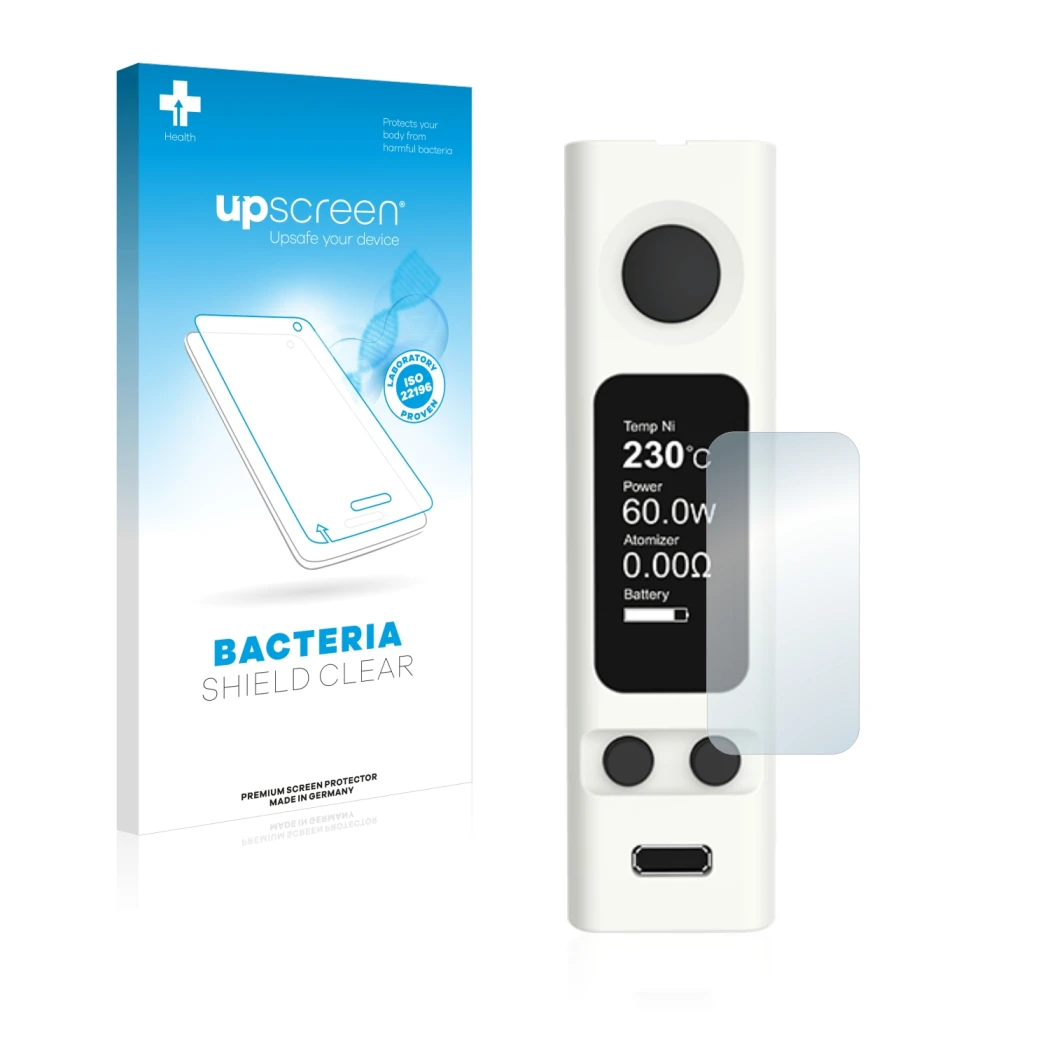 Parte frontal de un envase de producto con el logotipo de la marca upscreen. Al lado se muestra el dispositivo Joyetech eVic V