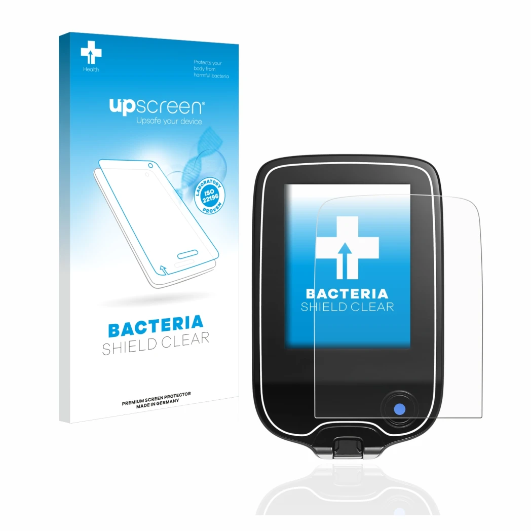 Parte frontal de un envase de producto con el logotipo de la marca upscreen. Al lado se muestra el dispositivo Freestyle Libre