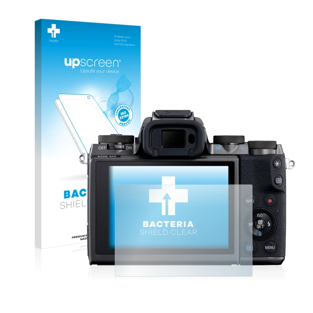 Parte frontal de un envase de producto con el logotipo de la marca upscreen. Al lado se muestra el dispositivo Canon EOS M5 co