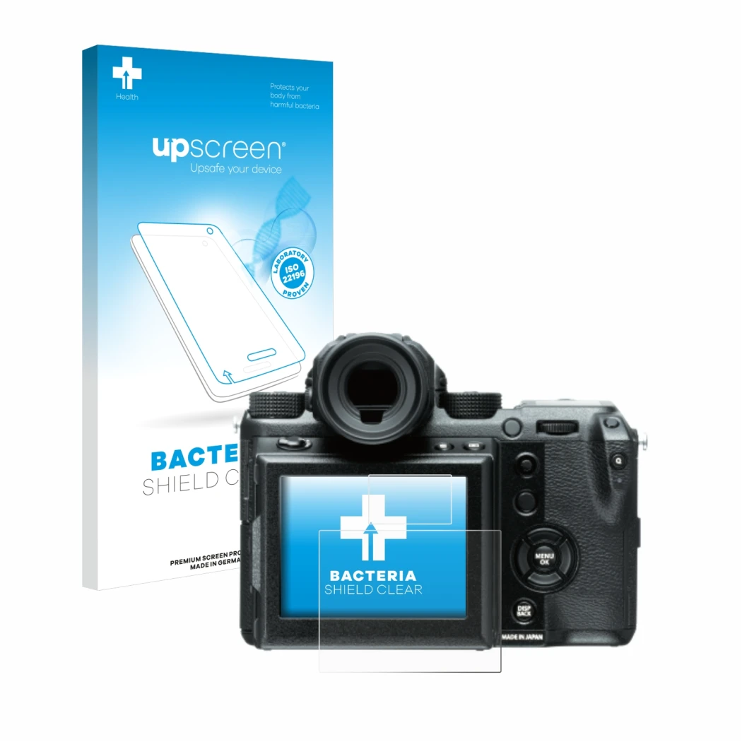 Parte frontal de un envase de producto con el logotipo de la marca upscreen. Al lado se muestra el dispositivo Fujifilm GFX50S