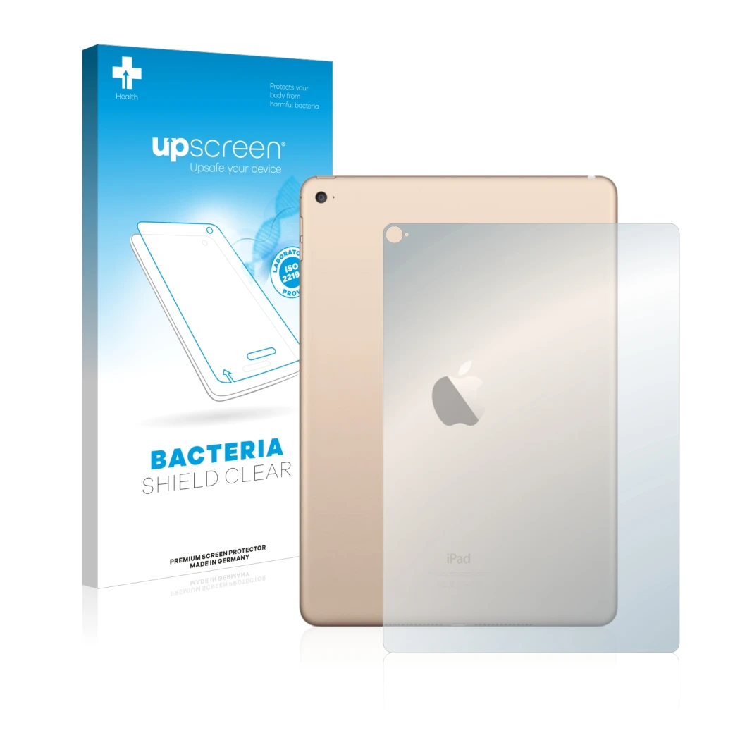 Parte frontal de un envase de producto con el logotipo de la marca upscreen. Al lado se muestra el dispositivo Apple iPad Air 
