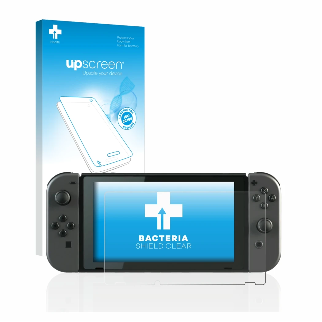 Parte frontal de un envase de producto con el logotipo de la marca upscreen. Al lado se muestra el dispositivo Nintendo Switch