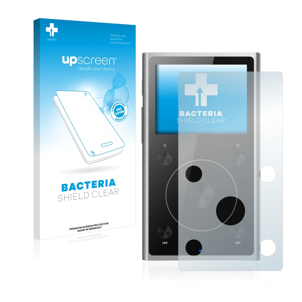 Parte frontal de un envase de producto con el logotipo de la marca upscreen. Al lado se muestra el dispositivo FiiO X1 II con
