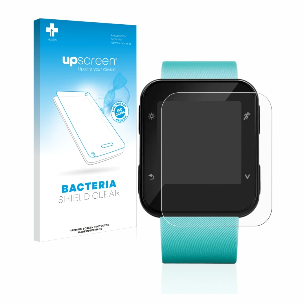 Parte frontal de un envase de producto con el logotipo de la marca upscreen. Al lado se muestra el dispositivo Garmin Forerunn