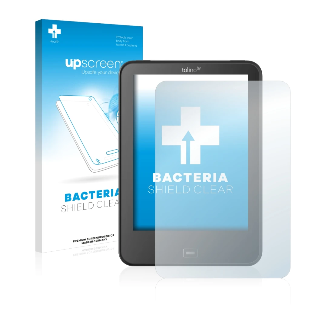 Parte frontal de un envase de producto con el logotipo de la marca upscreen. Al lado se muestra el dispositivo Tolino Vision 4